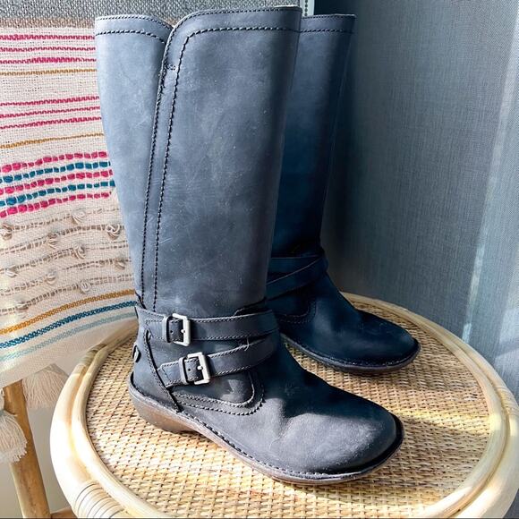 UGG Shoes - UGG Rosen Black Shearling Lined Tall Leather Winter Boots Women’s 6
